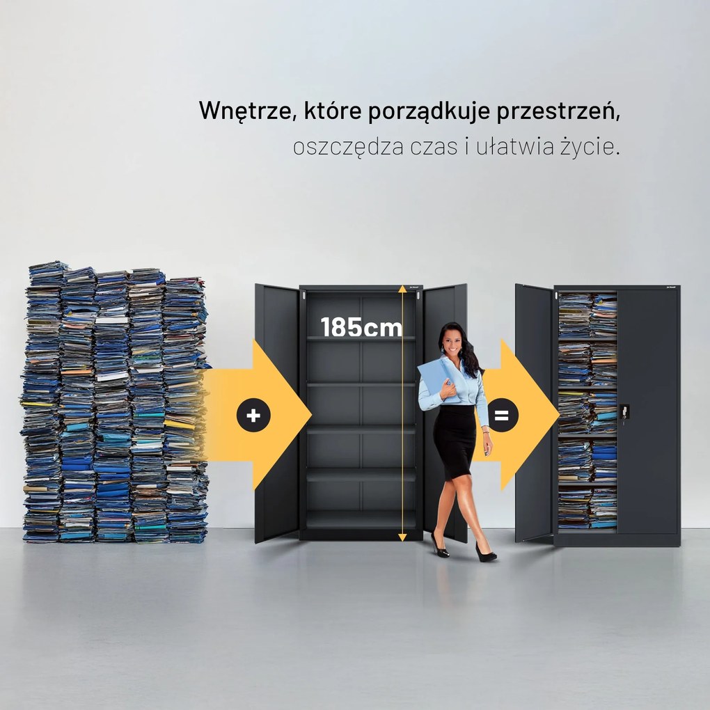 Biurowa szafa metalowa na akta JAN, 900 x 1850 x 400 mm, antracytowa