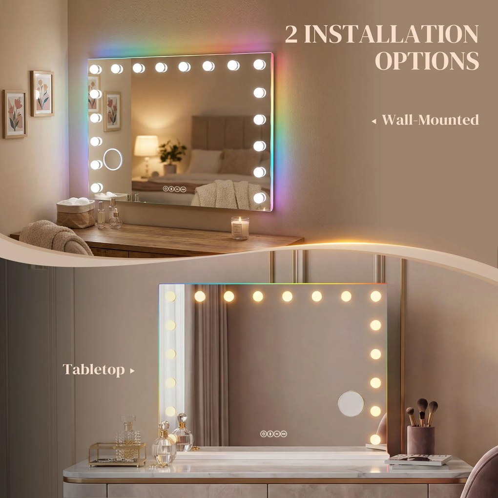 HOMCOM Hollywoodzkie lustro do makijażu z 18 regulowanymi żarówkami LED, 3 kolory, światło RGB, głośnik Bluetooth, 10-krotne powiększenie Białe | Aosom PL