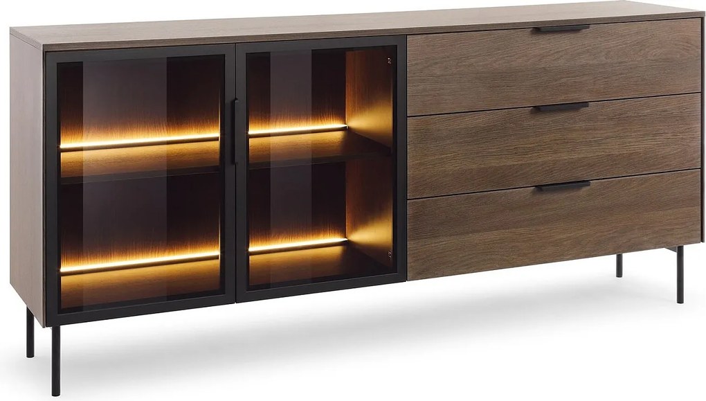 Komoda 180 cm Senzia na nóżkach - 3 szuflady, 2 szklane drzwi, komoda z LED do salonu - dąb Dunin