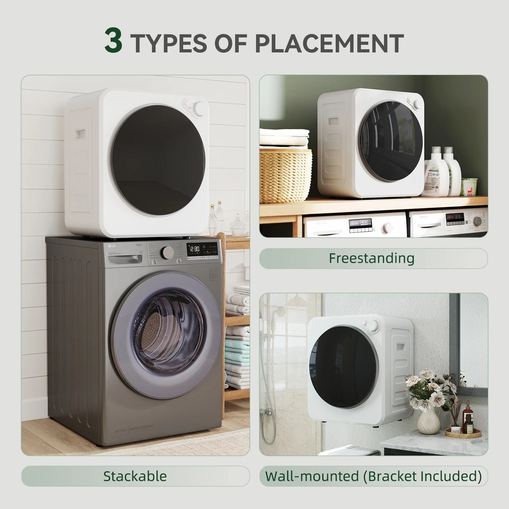 HOMCOM Mini suszarka do ubrań 4 kg z 5 programami do 60℃ 800W/400W suszarka wywiewna z odwracalnym bębnem ze stali nierdzewnej, biały | Aosom PL