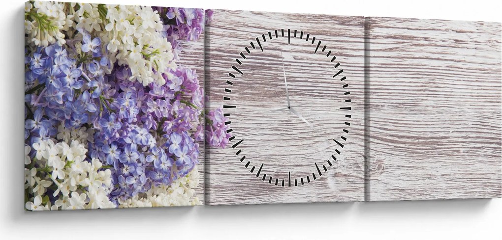 Obraz bzu na drewnie (z zegarem) (90x30 cm)