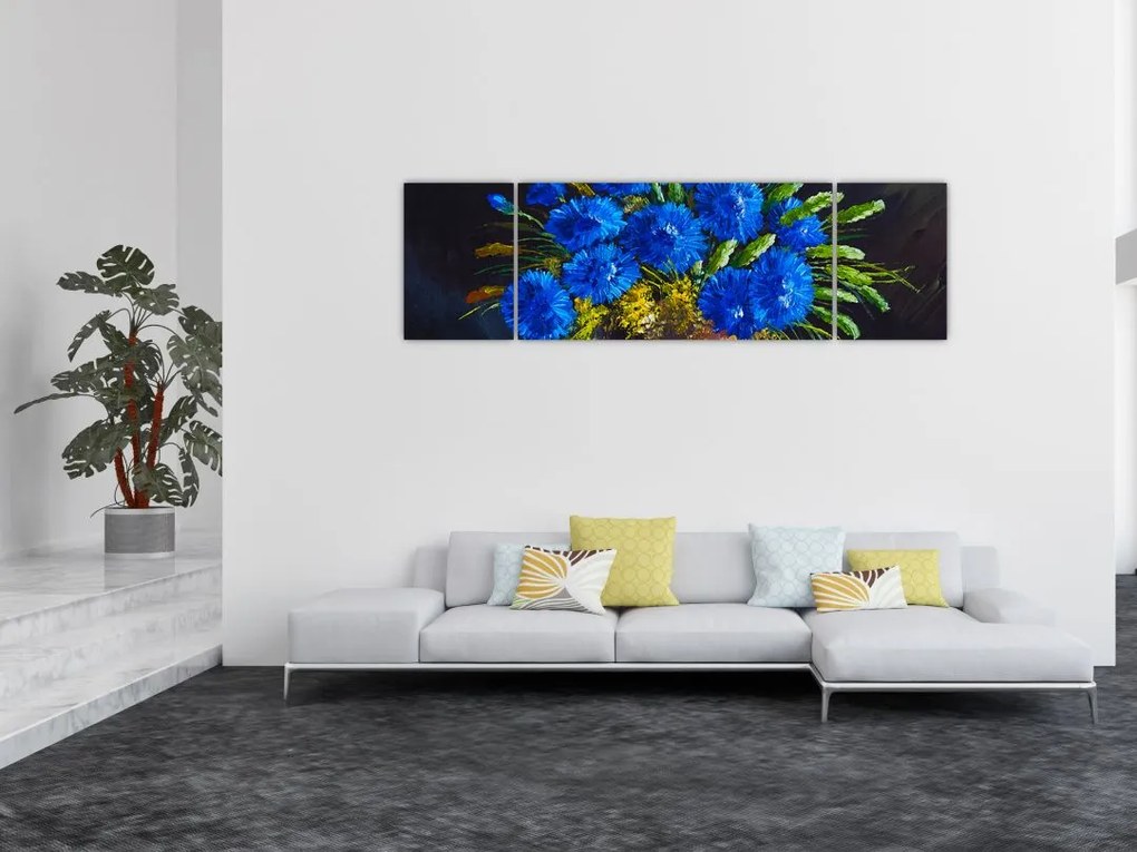 Obraz niebieskich kwiatów w wazonie (170x50 cm)