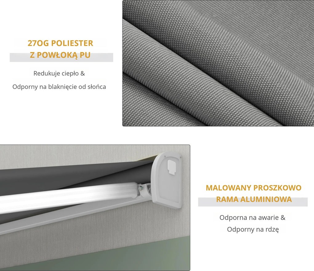 Outsunny Markiza, elektryczna/ręczna wysuwana, pełna kasetonowa, pilot zdalnego sterowania, rama aluminiowa, 3 x 2,5 m, Jasnoszary