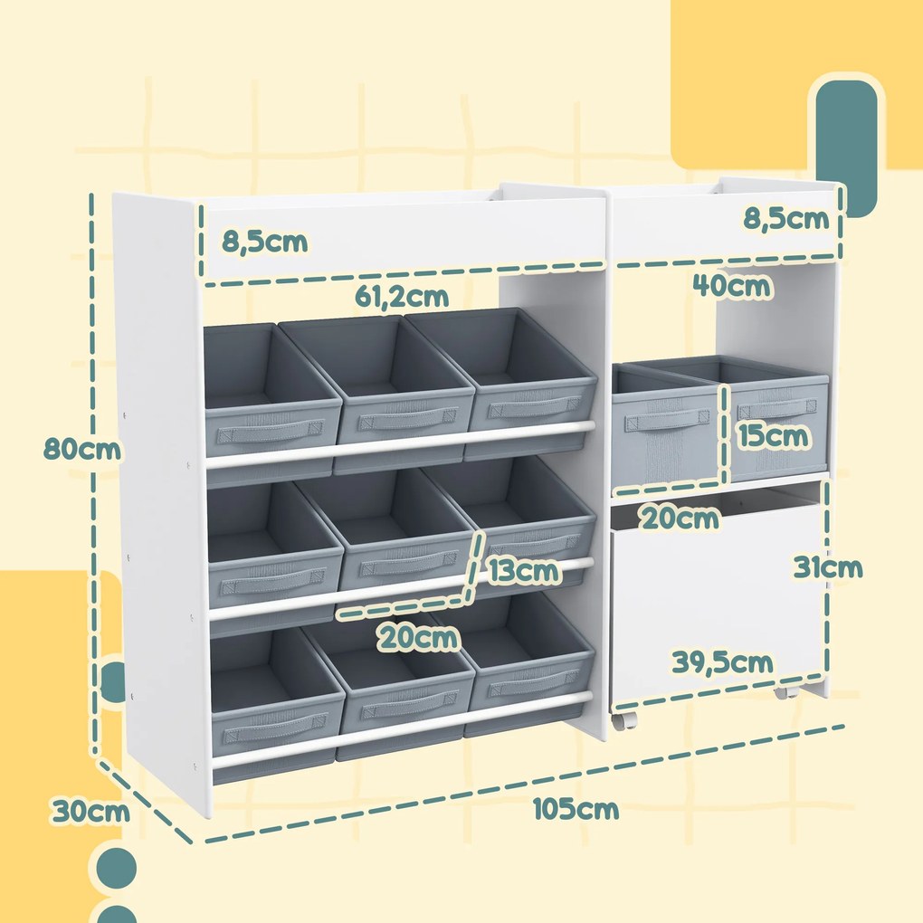 AIYAPLAY Regał do przechowywania dla dzieci, Szafka na zabawki dla dzieci z 11 pudełkami z tkaniny, górnymi półkami, 3 naklejkami, Biały