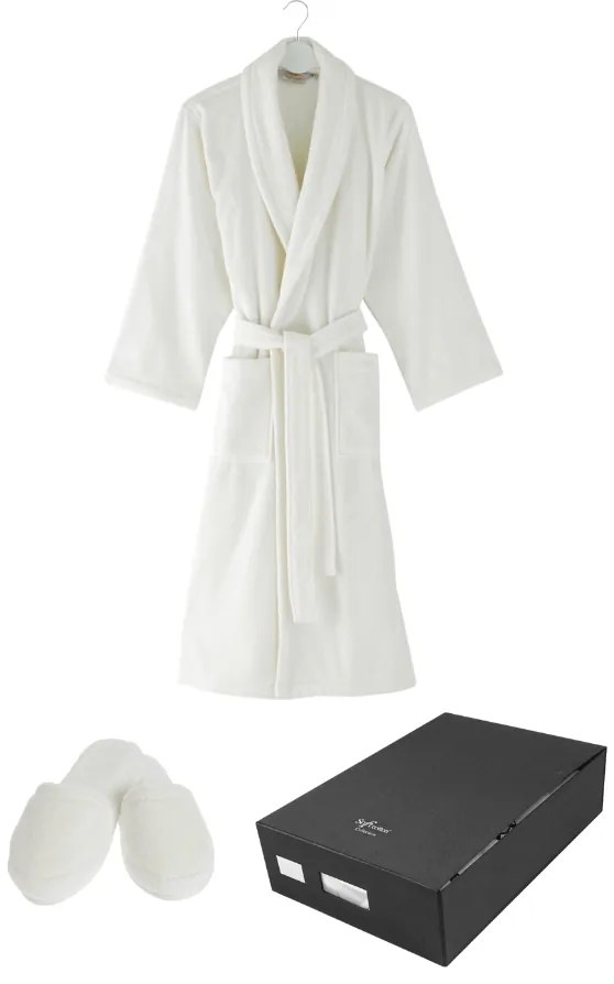 Unisex szlafrok MICRO COTTON w ozdobnym opakowaniu + kapcie Śmietankowy S + kapcie (36/38) + w pudełku