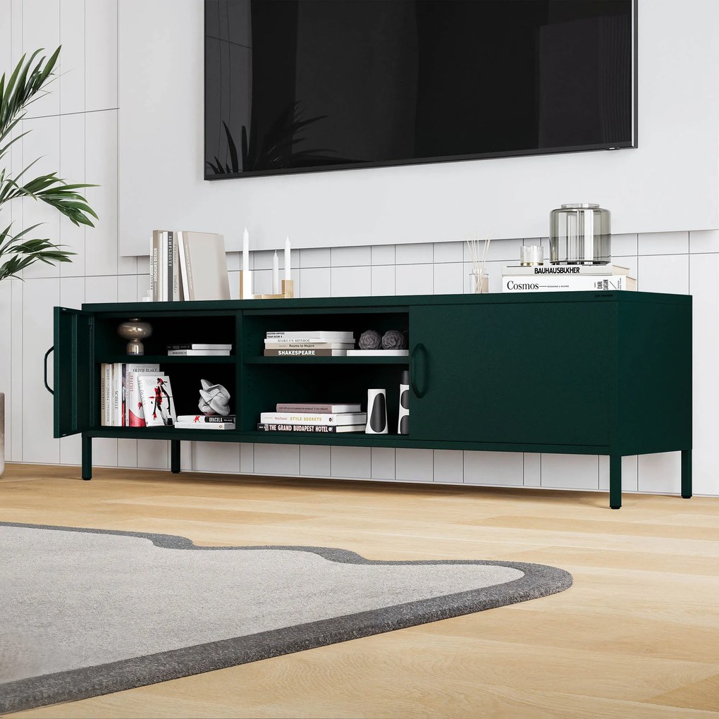 Szafka RTV metalowa szeroka XL na nóżkach butelkowa zieleń, 1700x400x500 mm: ROSARIA
