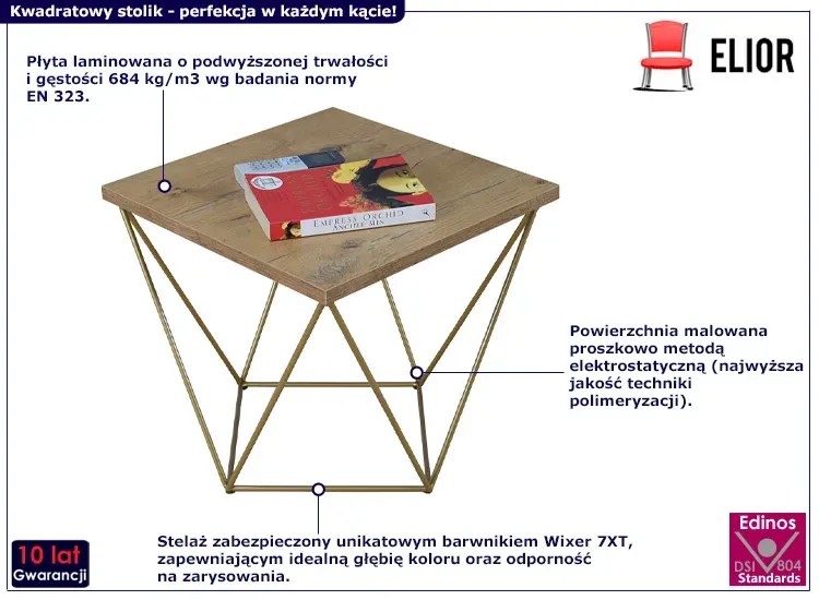 Druciany Stolik Kawowy Dąb Lancelot + Złoty Lazira