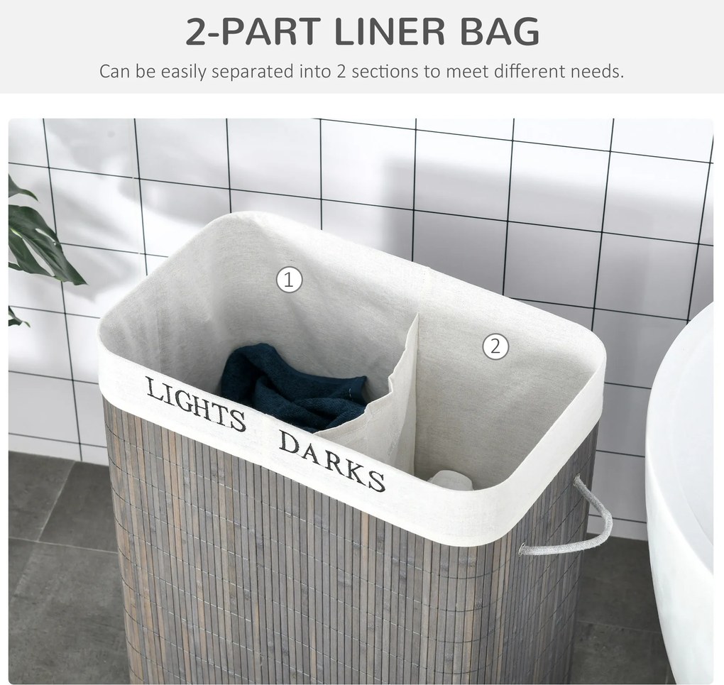 HOMCOM 100L Kosz na pranie z 3 uchwytami, z pralnym workiem na pranie, Bambus, Poliester, Bawełna, Metal, 52 x 32 x 63 cm, Szary