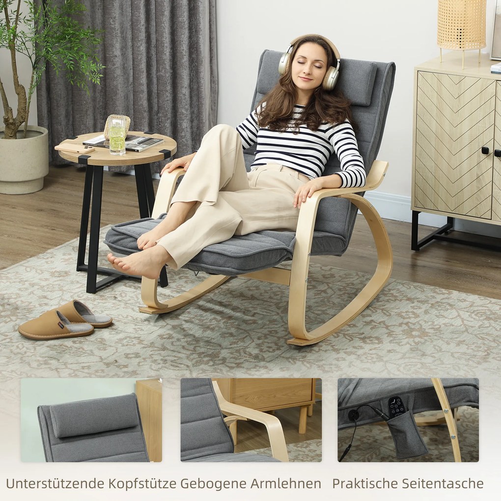 HOMCOM Fotel bujany z funkcją masażu, ogrzewaniem lędźwiowym, 3 tryby, materiałowa tapicerka, Szary