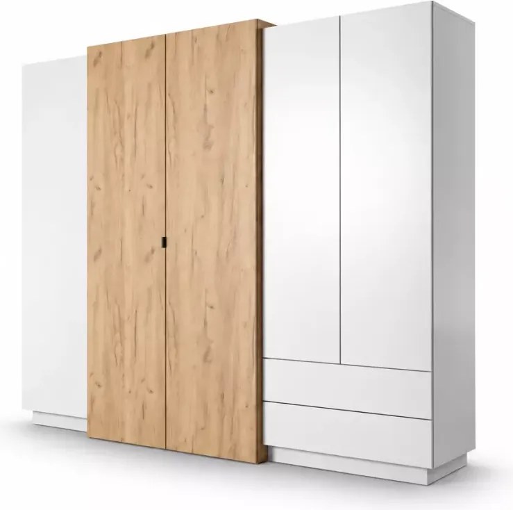 Szafa Volio 230 cm – nowoczesna szafa uchylna z lustrem, 5-drzwiowa z 2 szufladami – biały mat / dąb craft złoty