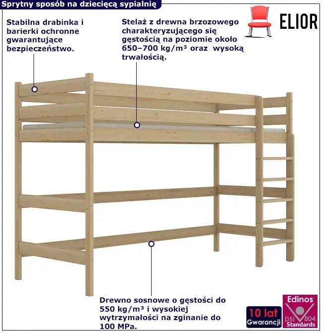Naturalne drewniane łóżko dziecięce na antresoli - 5 rozmiarów D9-P33