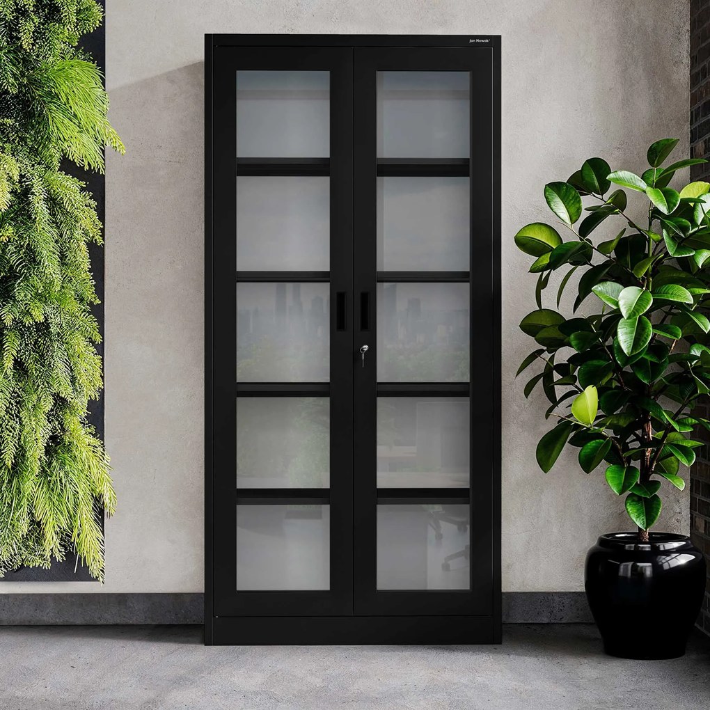 Witryna przeszklona metalowa wysoka z zamkiem czarna, 900x1850x400 mm: AMELIA