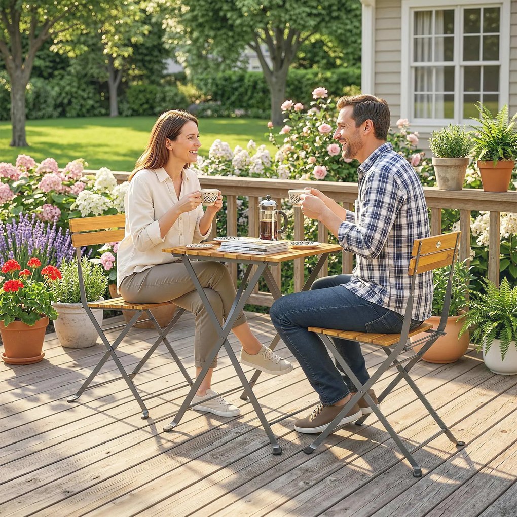 Outsunny Zestaw 3-częściowy dla 2 osób: Stół i 2 składane krzesła na taras, balkon, Teak | Aosom PL