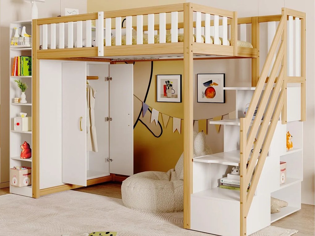 Łóżko drewniane na antresoli 90x200cm - z szafą, półkami i schodami do przechowywania - Białe