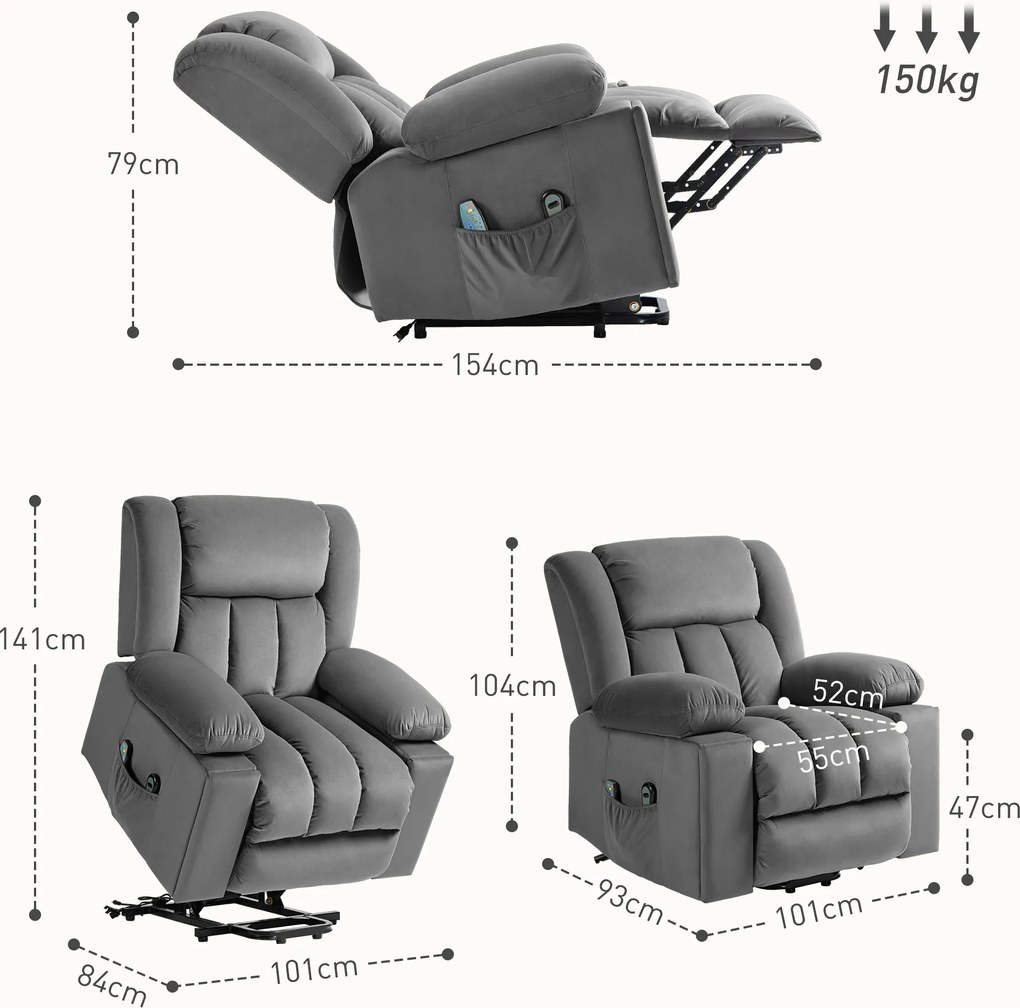 HOMCOM Elektryczny fotel z pomocą przy wstawaniu, miękki aksamitny materiał, porty USB