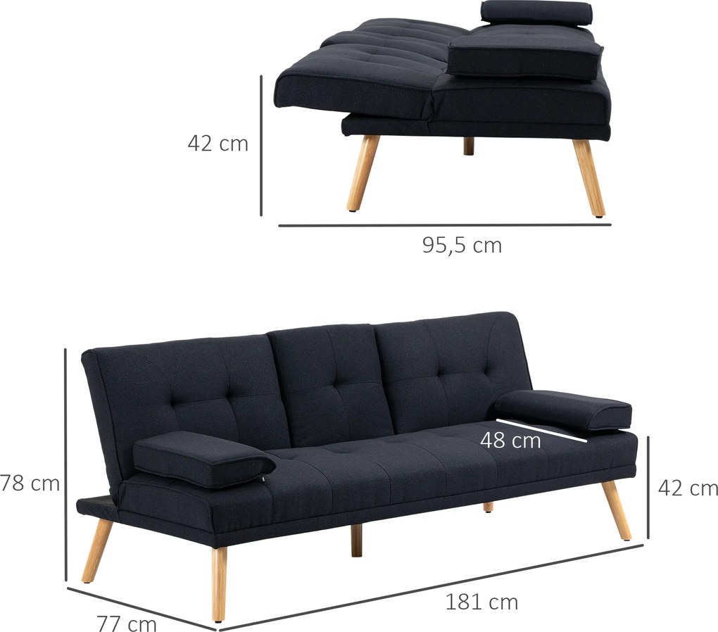 HOMCOM Sofa do spania, rozkładana z regulowanym oparciem, składany stolik, 181x77x78 cm, Szara/Drewno