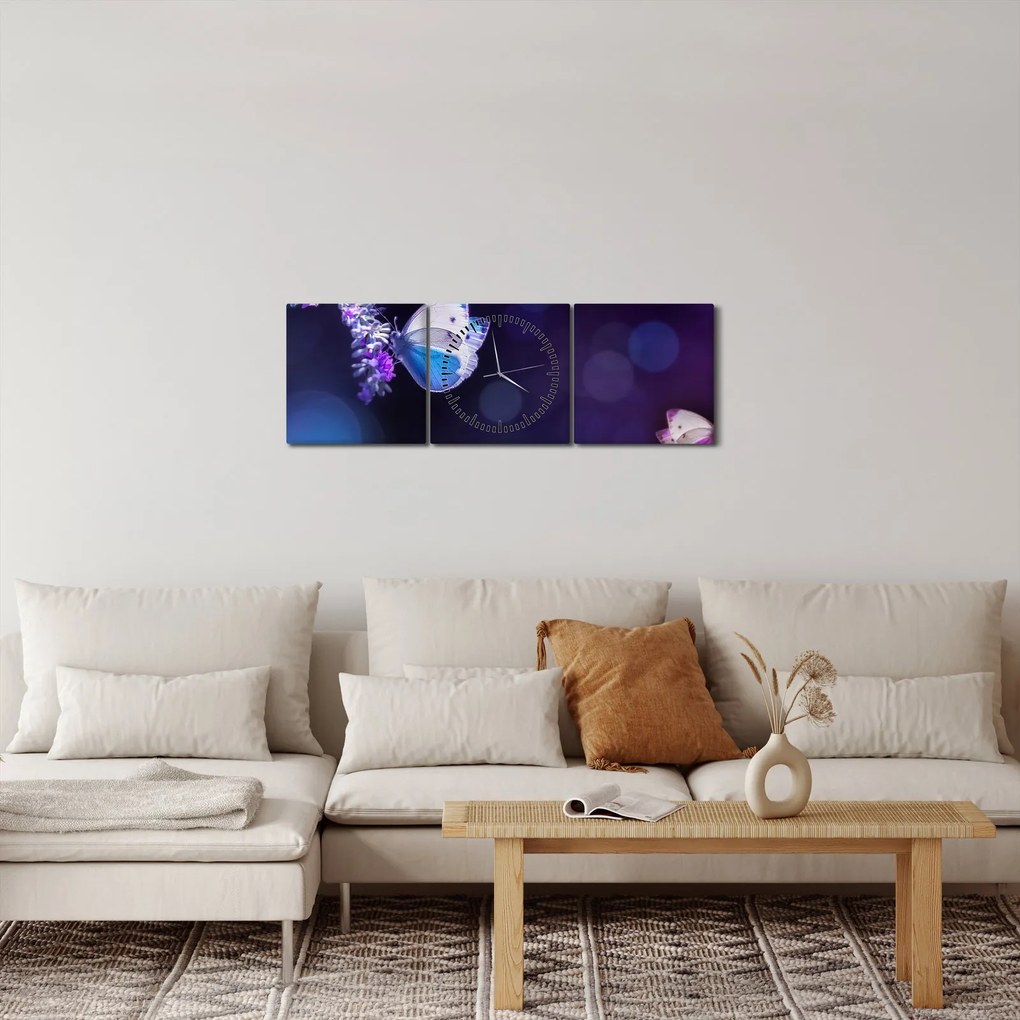 Obraz - Motyle na lawendie (z zegarem) (90x30 cm)