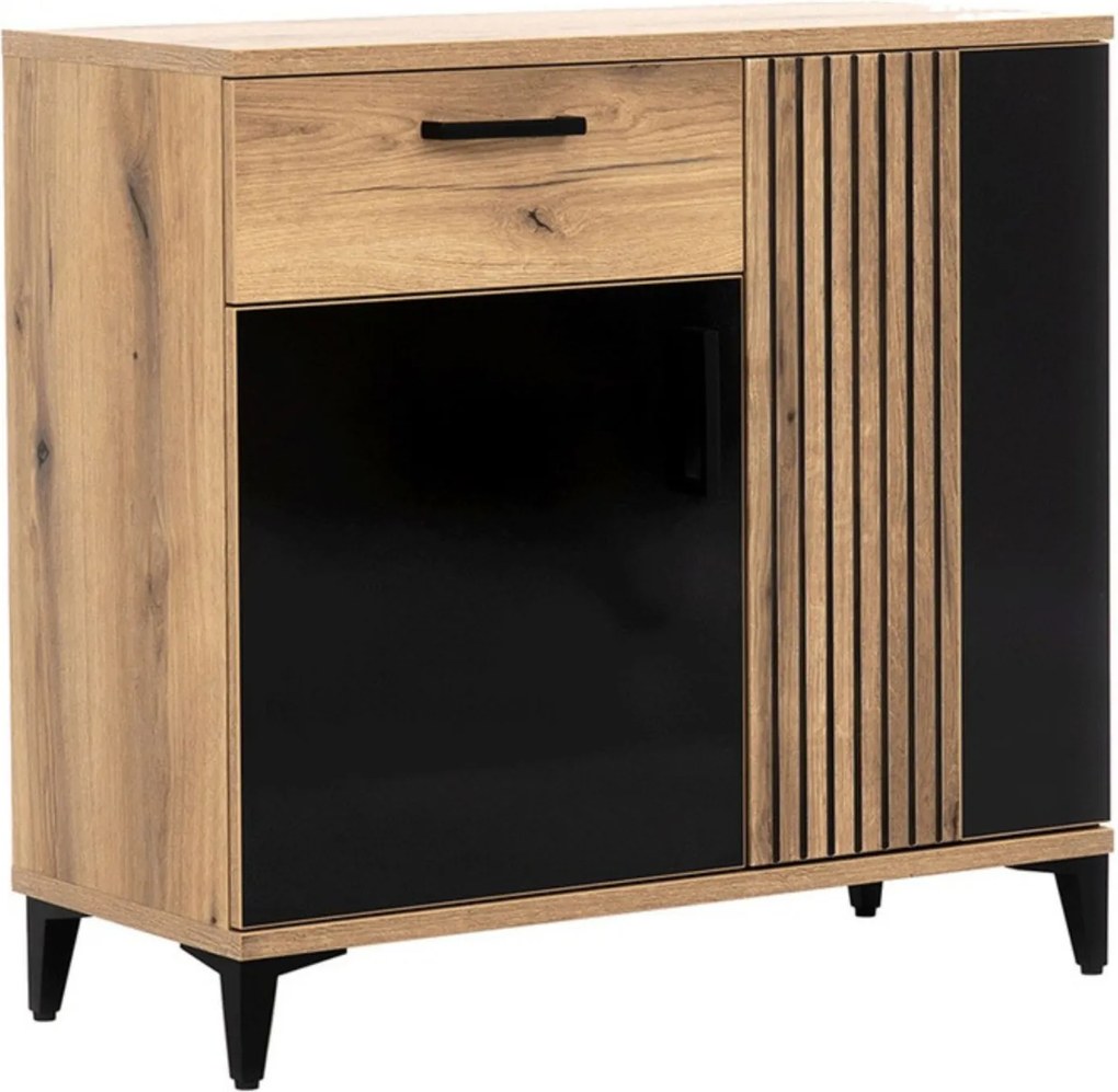 Komoda z Szufladą i Lamelami do Przedpokoju DYNAMO 88,5 cm Dąb evoke / czarny połysk Loft