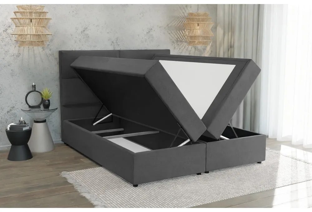 Ciemnoszare łóżko boxspring ze schowkiem 200x200 cm Rico – Ropez