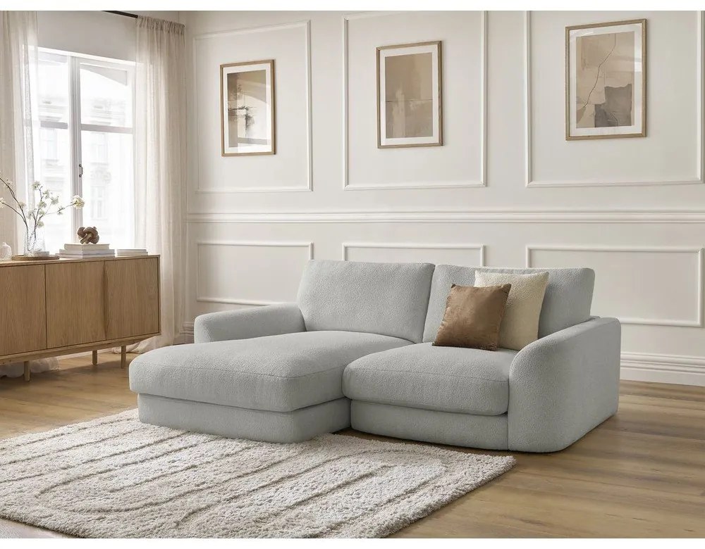 Jasnoszary narożnik z materiału bouclé (lewostronny/z szezlongiem) Leonore – Bobochic Paris