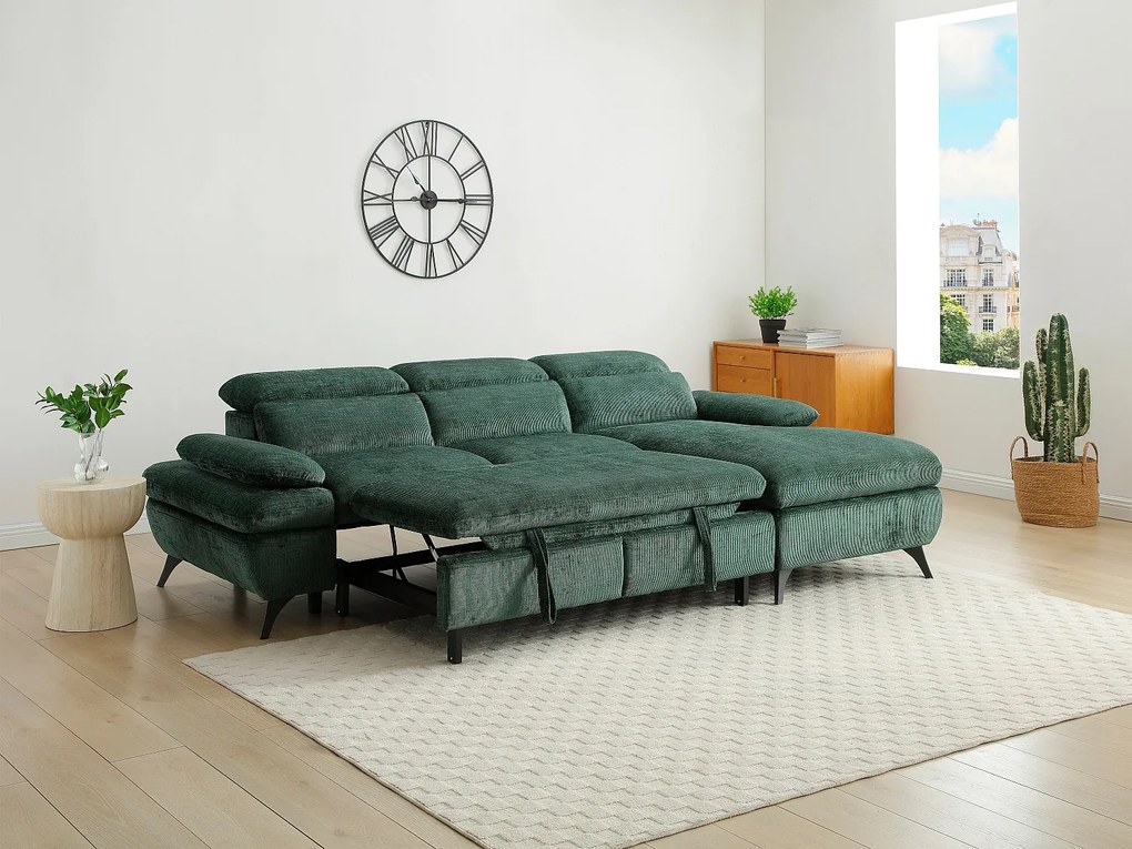 Kanapa narożna rozkładana z fakturowanej tkaniny ciemnozielona SURDELI