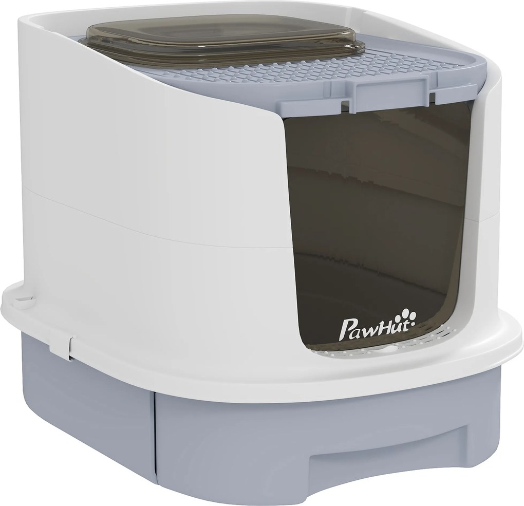 PawHut Kuweta z pokrywą wejście od góry łopatka wysuwana taca dla kotów do 4,5 kg, 40,5x52,5x42,5 cm Szara | Aosom PL