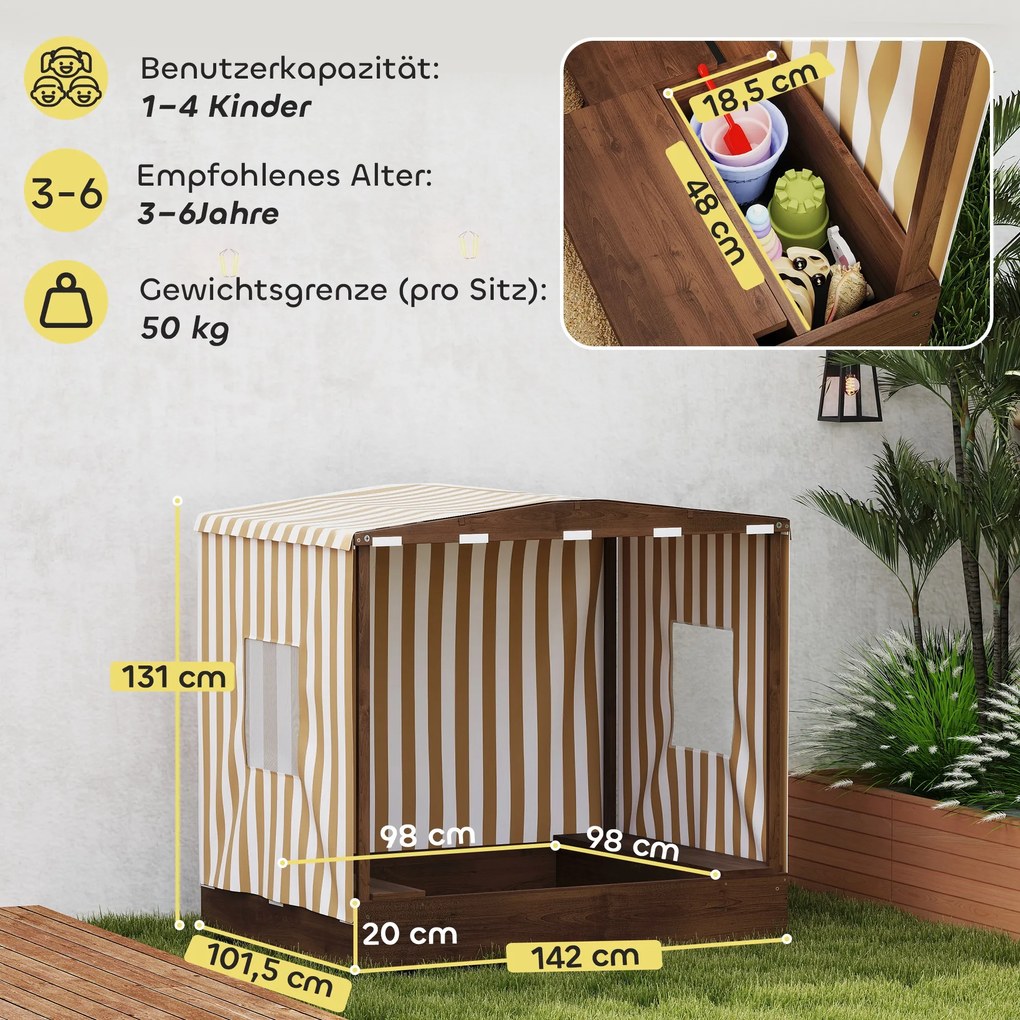 Piaskownica AIYAPLAY, drewniana skrzynia z baldachimem i siatkowymi drzwiami, ławki, ochraniacz podłogi, kolor brązowy