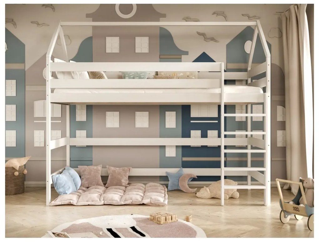 Łóżko domek na antresoli TOBI 2 180x90 białe drewniane KOCOT KIDS