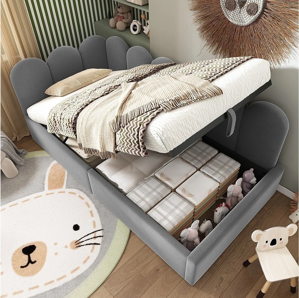 Łóżko dzienne 90x200 cm - Łóżko dziecięce z pojemnikiem i metalową podstawą Stelaż z listew, szary aksamit - bez materaca