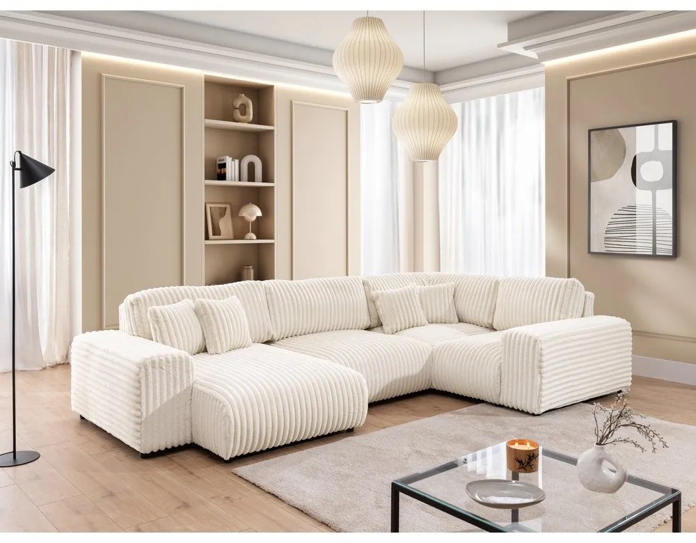 Kremowy sztruksowy narożnik (prawostronny/w kształcie litery U) Justin – Ropez