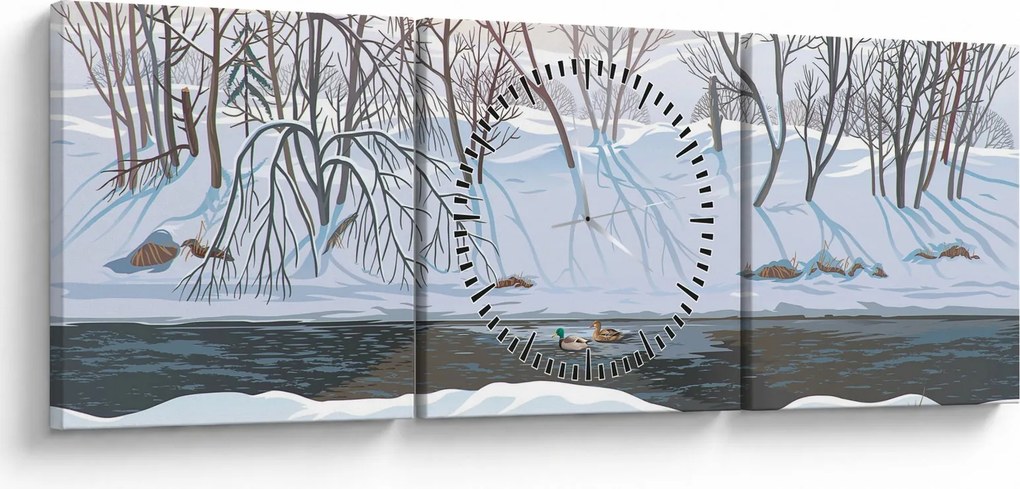Obraz - Lis w zimowym krajobrazie (z zegarem) (90x30 cm)