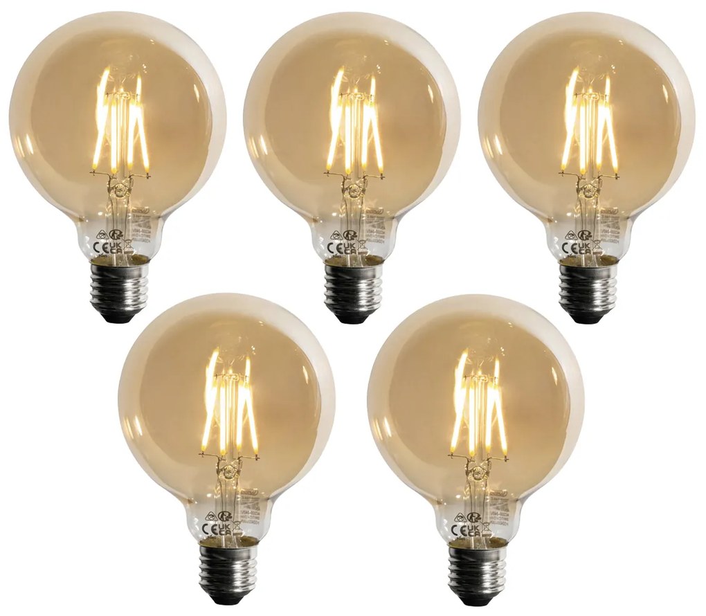Zestaw 5 żarówek LED E27 G95 4W 450 lm 2700K, 3-stopniowo ściemnialnych, złote