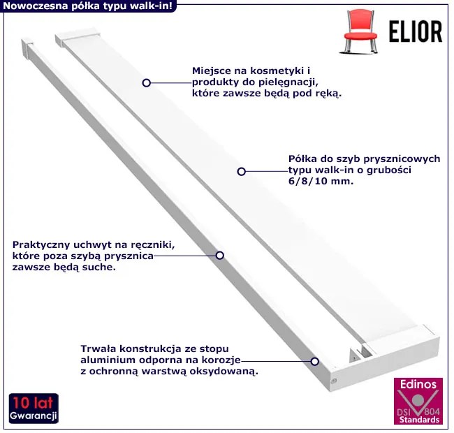 Biała półka do kabiny prysznicowej 115 cm - Asla 6X