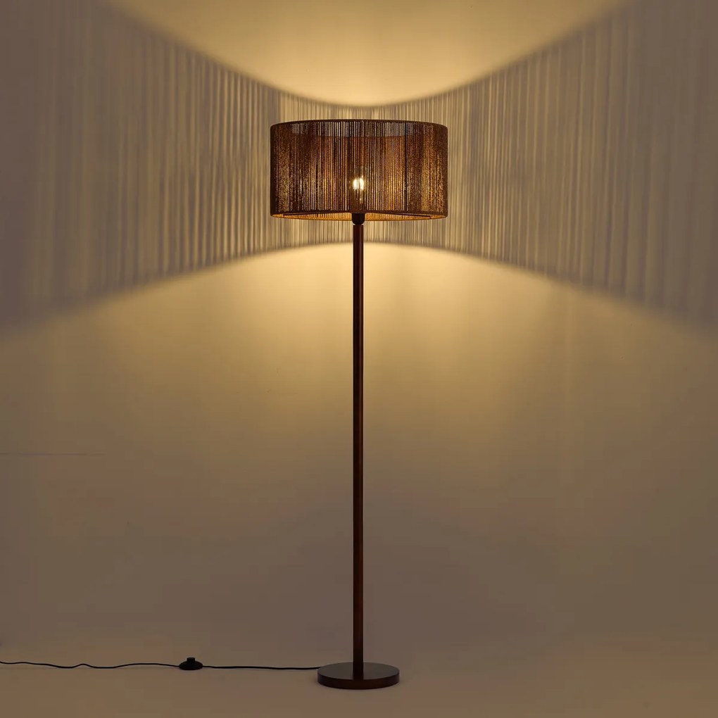Lampa podłogowa drewno orzechowe z brązowym abażurem z papierowego sznurka 50/50/25 - Mels