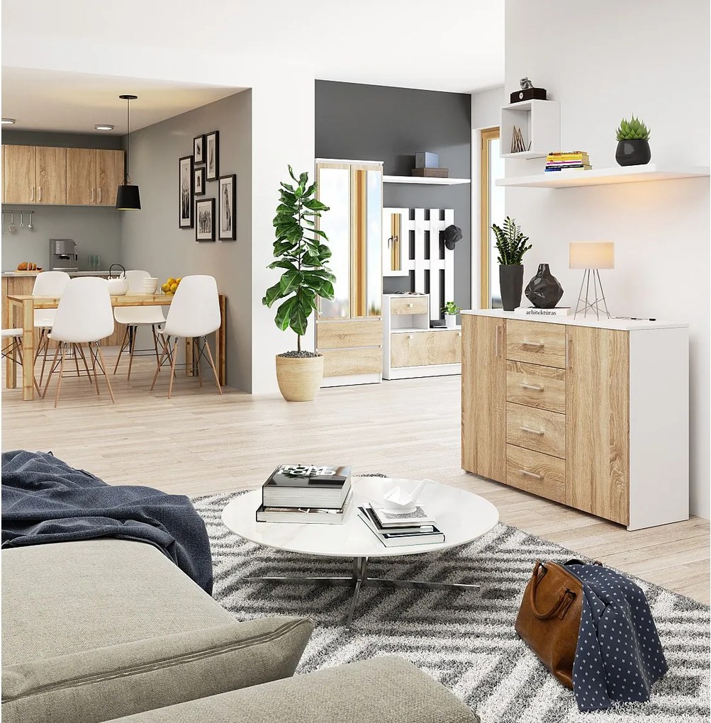 Komoda AKORD K45 Biała 110 cm 2 drzwi 4 szuflady kolor Dąb Sonoma mat 4 półki 110x35x80 cm