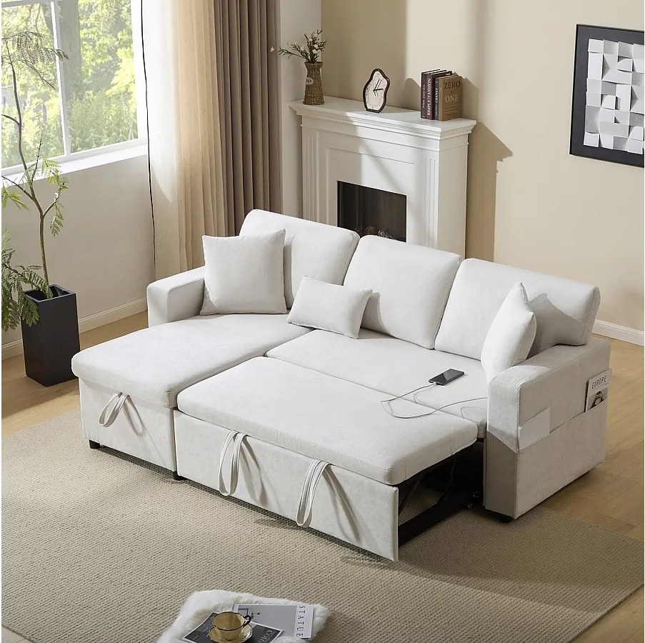 Rozkładana sofa narożna z funkcją spania - 90 x 180 cm - z miejscem do przechowywania i zintegrowaną półką - tkanina Oxford - biała