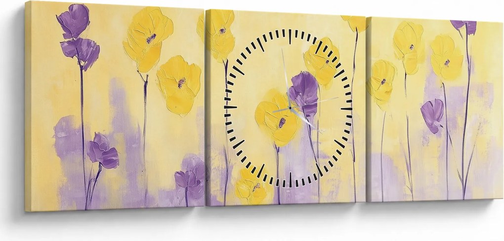 Obraz - Fioletowe i żółte kwiatuszki (z zegarem) (90x30 cm)