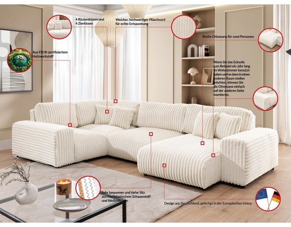 Kremowy sztruksowy narożnik (lewostronny/w kształcie litery U) Justin – Ropez