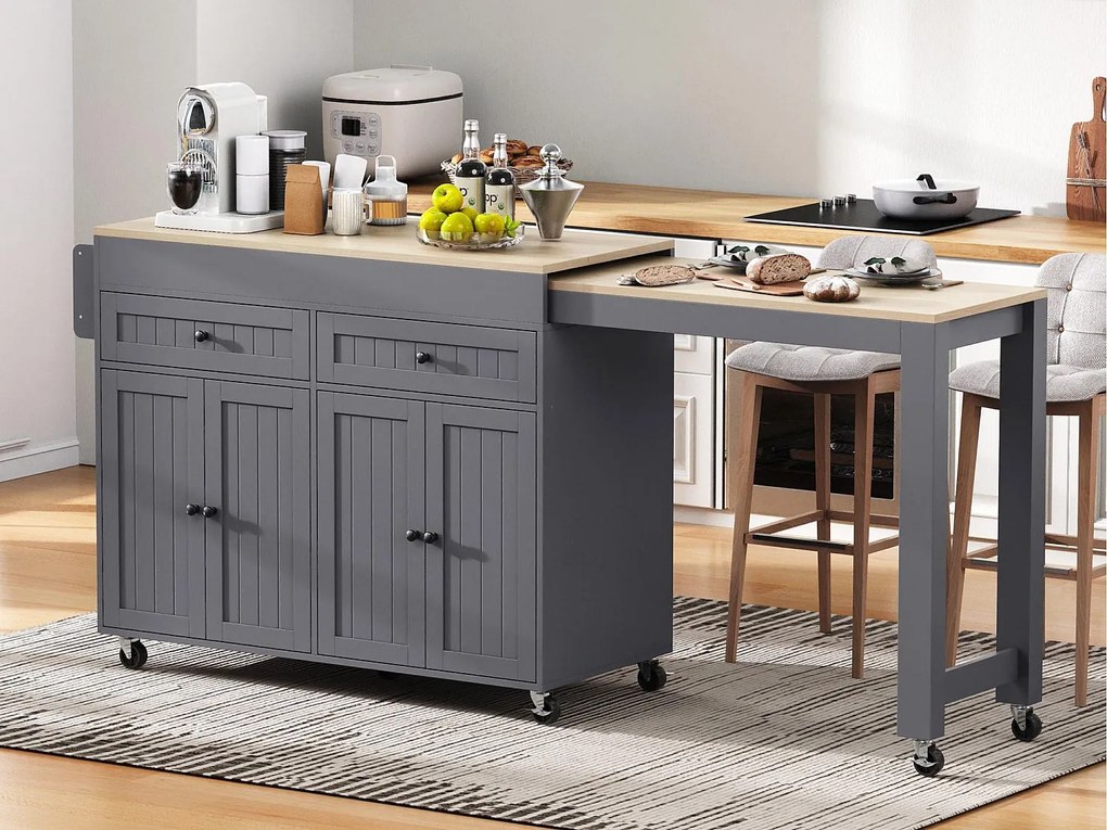Wyspa kuchenna - z 4 drzwiami i 2 szufladami - rozsuwany blat - z kółkami - 180,5×45×92,2 cm - Szary