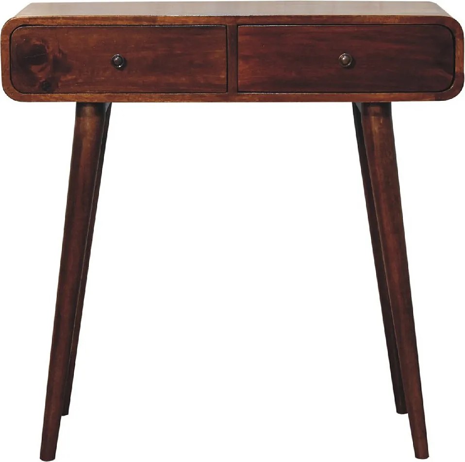 Stół do przedpokoju Artisan Furniture, zakrzywiony, z drewna kasztanowego, 2 szuflady, brązowy
