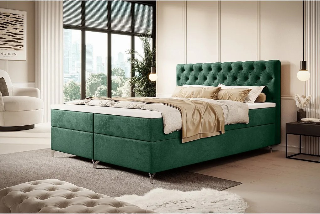 BEDANTE Łóżko CHESTER 200x200 Monolith 37, Zielone, pojemnik, chromowane nogi, małżeńskie, topper, materac, bonell, tapicerowane, MONOLITH