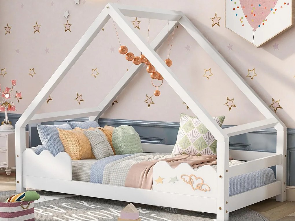 Łóżko domku 90x200 cm - z drewna sosnowego - z zabezpieczeniem przed upadkiem i stelażem lamelowym - Biały
