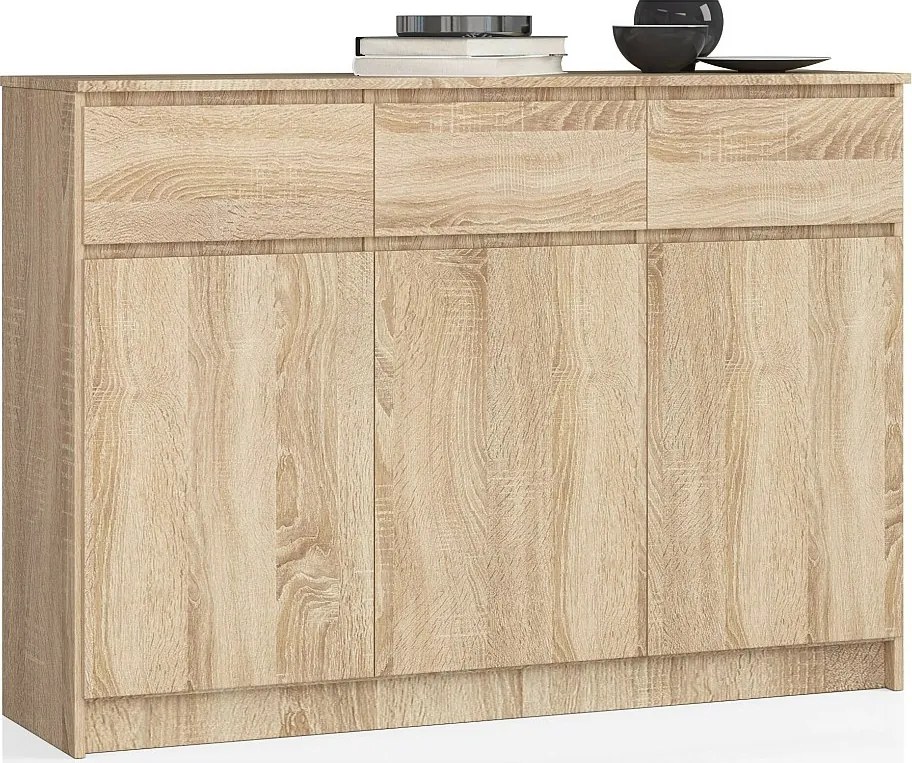 Komoda AKORD K140 Dąb Sonoma 138 cm 3 drzwi 3 szuflady kolor Dąb Sonoma mat 6 półek 138x40x99 cm
