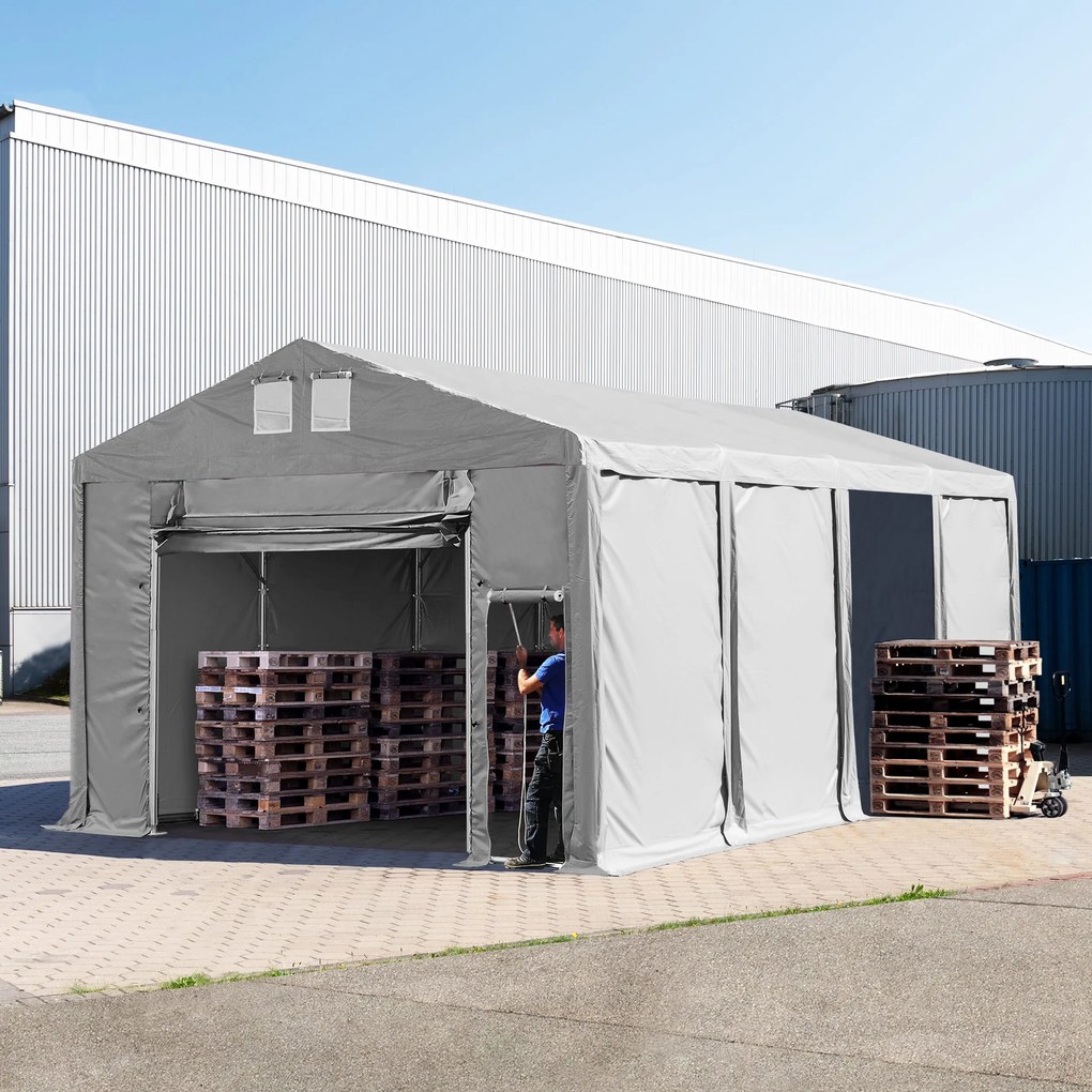 TOOLPORT 6x8m Namiot magazynowy - 3,0 m wysokość ścian bocznych z podciąganą do góry bramą, PVC 850, szary, ze statyką (podłoże betonowe) - (94028)