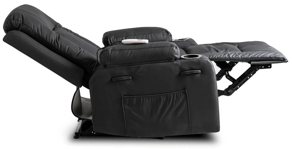Fotel Masujący BOX Rozkładany Wypoczynkowy z Podnóżkiem Czarny Ekoskóra Nowoczesny