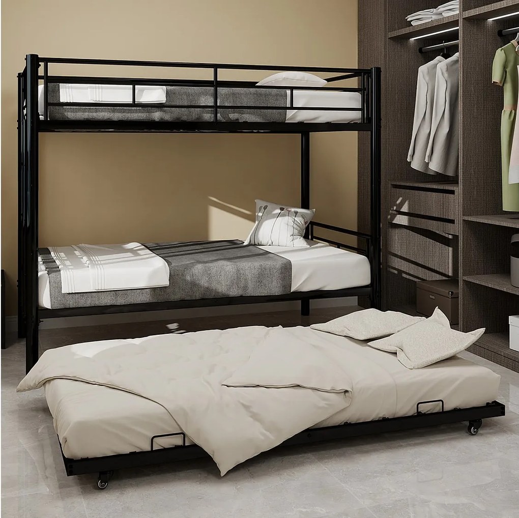 Łóżko piętrowe 90 x 190 cm - łóżko dziecięce z drabinką i barierkami - z łóżkiem wysuwanym 90 x 190 cm - czarny metal - bez materaca