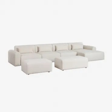 Sofa Modułowa Z Szezlongiem Prawym, 4 Części, 2 Pufy W Tkaninie Boucle Borjan Chenille Biały - Sklum