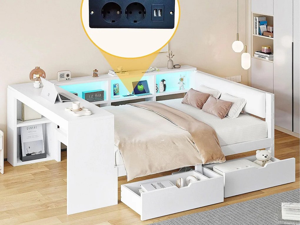 Łóżko dziecięce 140x200cm - z 2 szufladami i stacją ładowania - z kolorowymi światłami LED - białe (bez materaca)