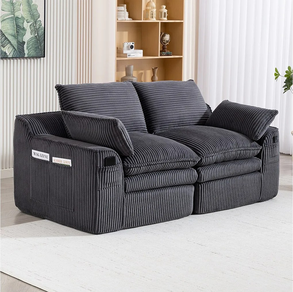 Modułowa sofa 2-osobowa w sztruksie - 191 x 94 x 85 cm - z 1 pufem + poduszki + 2 kieszenie - ciemnoszara