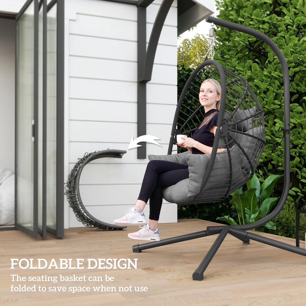 Outsunny Outdoor Wiszący Fotel z poduszką, Egg-Chair, 120 cm x 106 cm x 188 cm, Szary